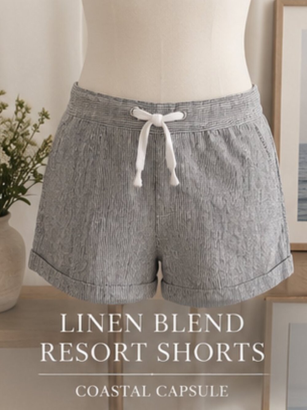 Linen Blend Coastal Drawstring Shorts Scandinavian Resort M